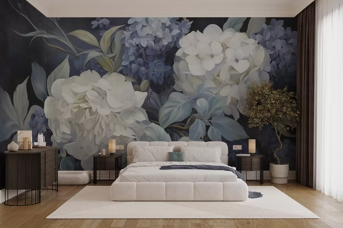 wall murals Textured dark blue painting imitation of hydrangeas flowers with big leaves, abstract and dark background w09465v1