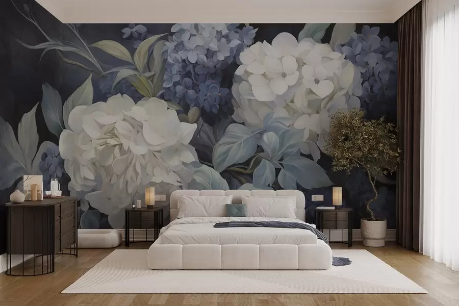 wall murals Textured dark blue painting imitation of hydrangeas flowers with big leaves, abstract and dark background w09465v1