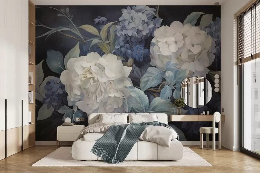 wall murals Textured dark blue painting imitation of hydrangeas flowers with big leaves, abstract and dark background w09465v1