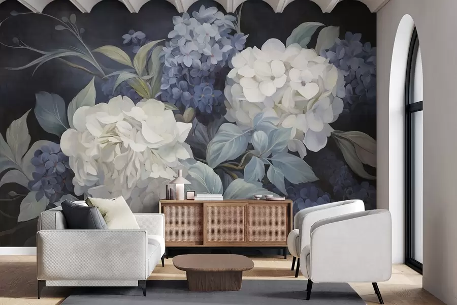 wall murals Textured dark blue painting imitation of hydrangeas flowers with big leaves, abstract and dark background w09465v1