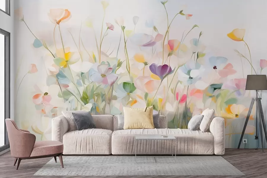 wall murals Abstract field of colorful flowers with long stems and green leaves, textured, pastel, light colors w09466