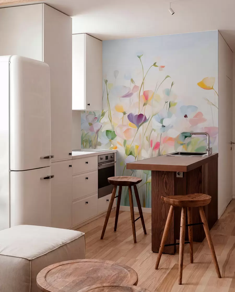 wall murals Abstract field of colorful flowers with long stems and green leaves, textured, pastel, light colors w09466