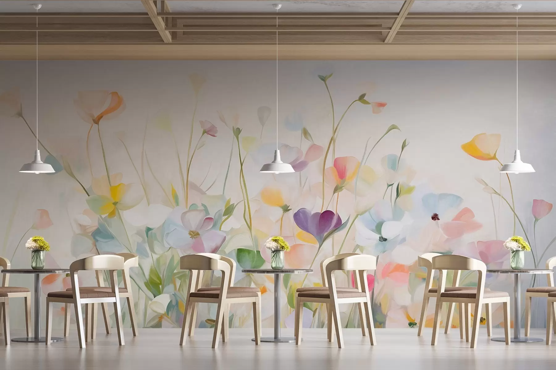 wall murals Abstract field of colorful flowers with long stems and green leaves, textured, pastel, light colors w09466