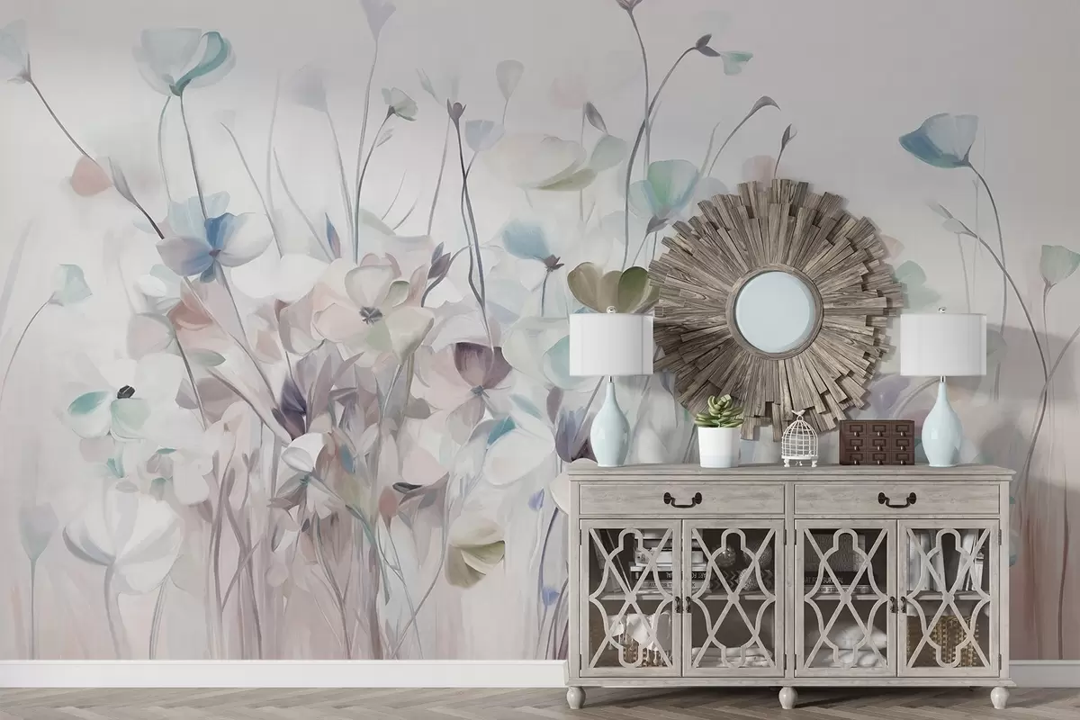 wall murals Abstract field of blue and brown flowers with long stems and leaves, textured, pastel, muted colors w09466v1
