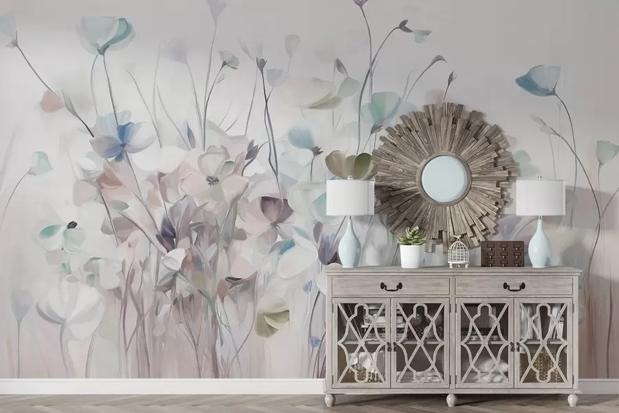 wall murals Abstract field of blue and brown flowers with long stems and leaves, textured, pastel, muted colors w09466v1