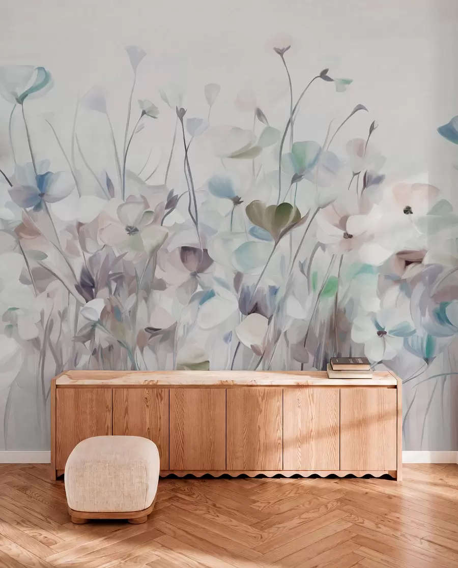 wall murals Abstract field of blue and brown flowers with long stems and leaves, textured, pastel, muted colors w09466v1