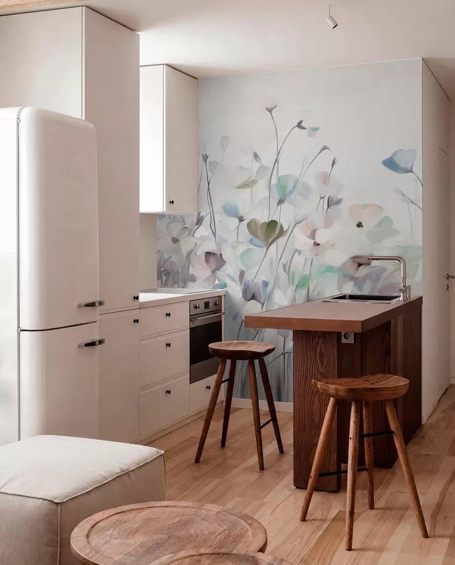 wall murals Abstract field of blue and brown flowers with long stems and leaves, textured, pastel, muted colors w09466v1