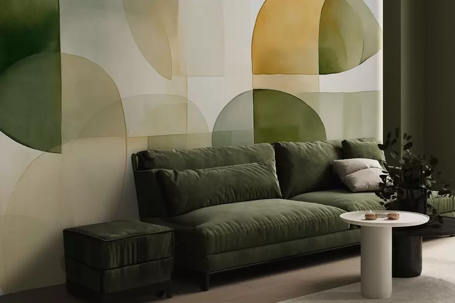 wall murals Abstract textured shapes in shades of green and yellow, muted tones, minimalist composition, neutral background w09467