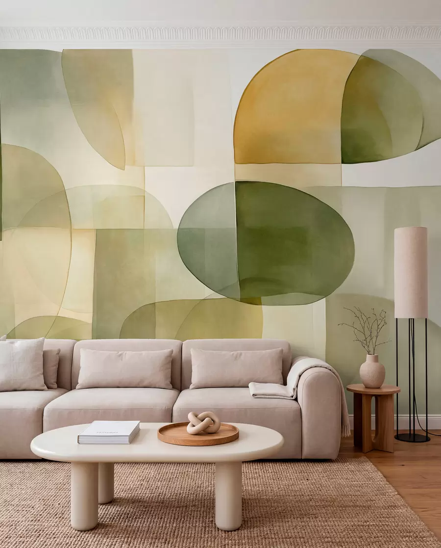 wall murals Abstract textured shapes in shades of green and yellow, muted tones, minimalist composition, neutral background w09467