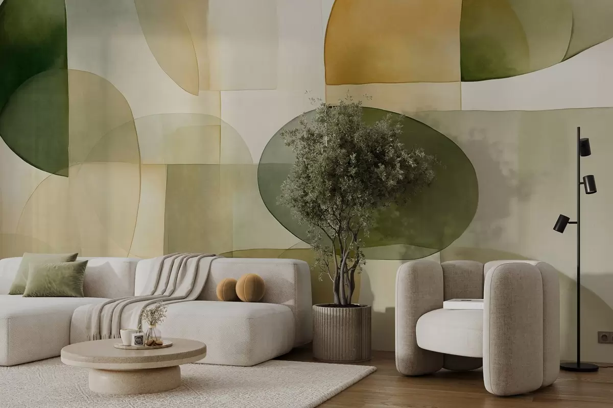 wall murals Abstract textured shapes in shades of green and yellow, muted tones, minimalist composition, neutral background w09467