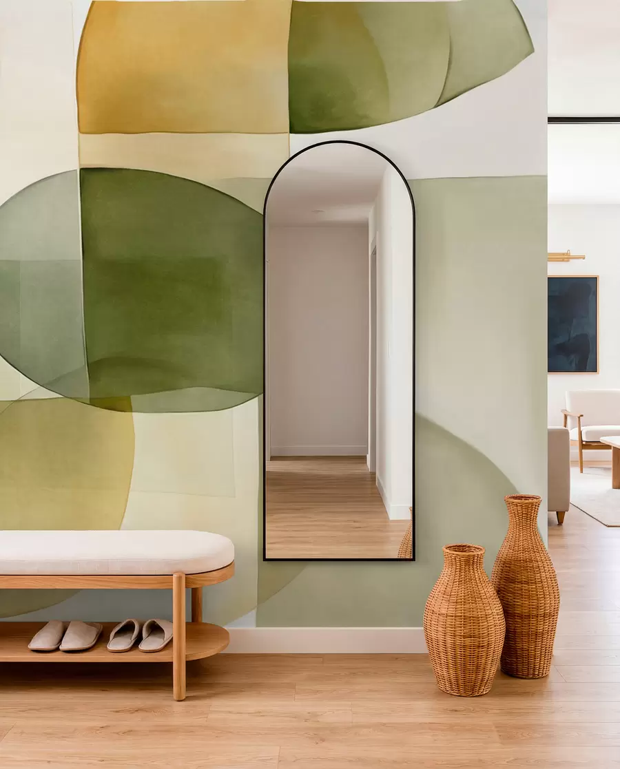 wall murals Abstract textured shapes in shades of green and yellow, muted tones, minimalist composition, neutral background w09467