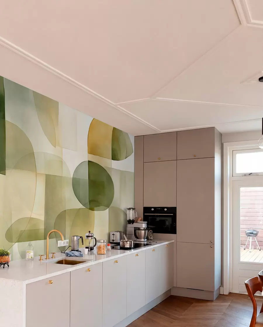 wall murals Abstract textured shapes in shades of green and yellow, muted tones, minimalist composition, neutral background w09467
