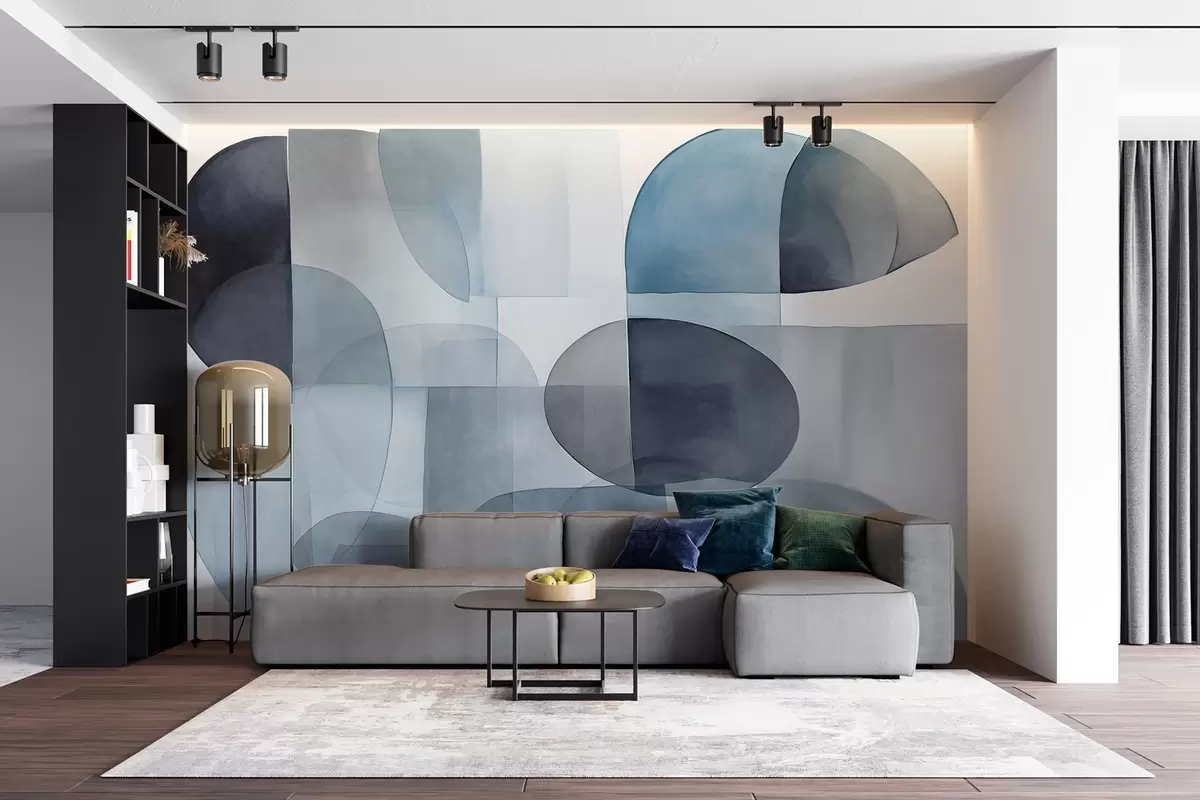 wall murals Abstract textured shapes in shades of gray and blue, muted tones, minimalist composition, neutral background w09467v1