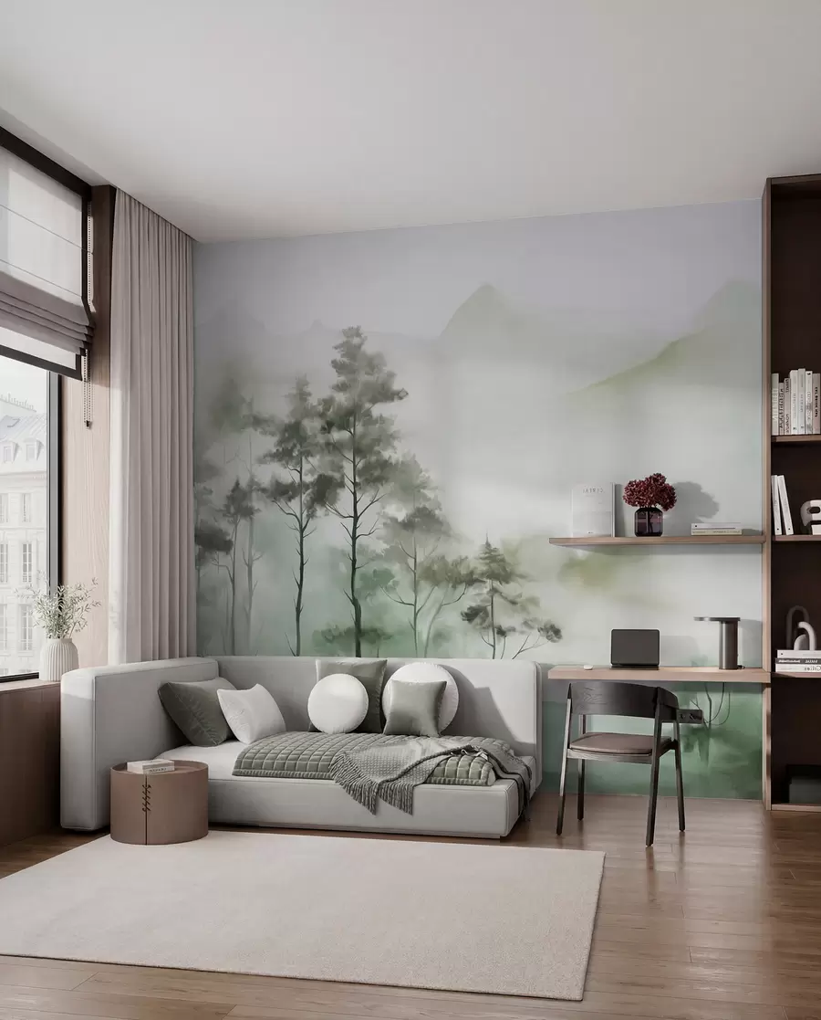 wall murals Foggy landscape with tall trees and mountains muted green and gray tones, minimalist style, textured w09469