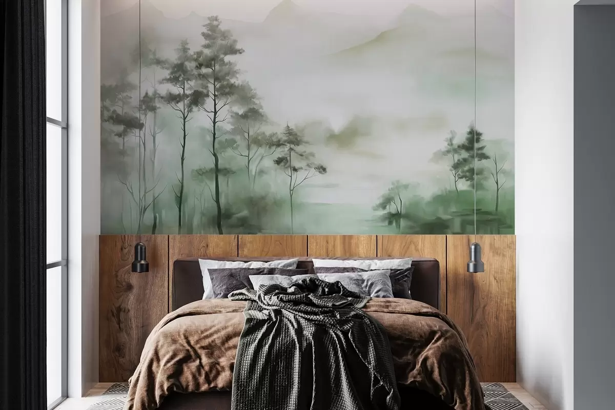 wall murals Foggy landscape with tall trees and mountains muted green and gray tones, minimalist style, textured w09469