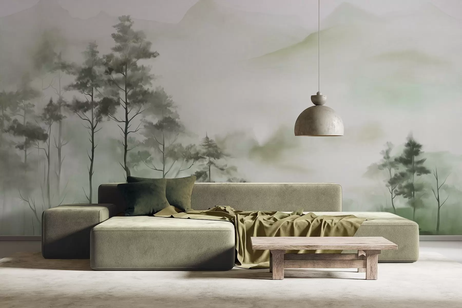 wall murals Foggy landscape with tall trees and mountains muted green and gray tones, minimalist style, textured w09469