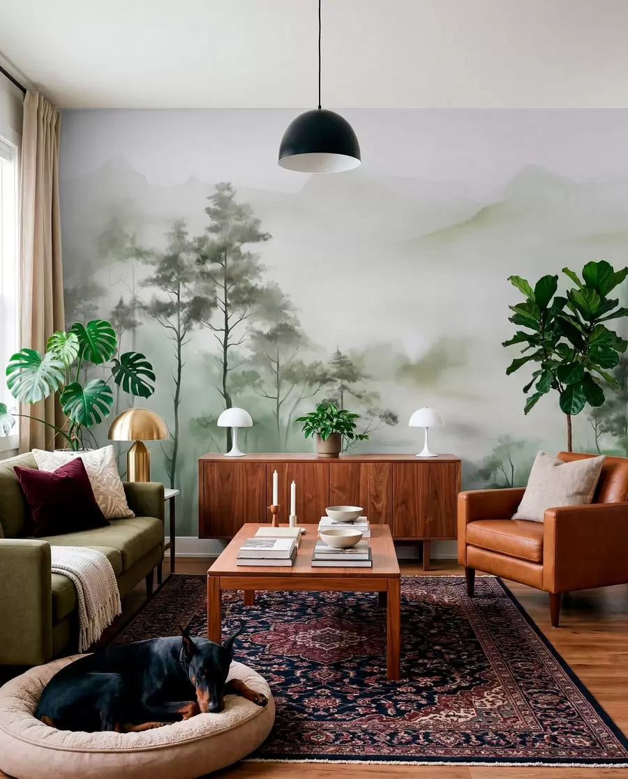 wall murals Foggy landscape with tall trees and mountains muted green and gray tones, minimalist style, textured w09469
