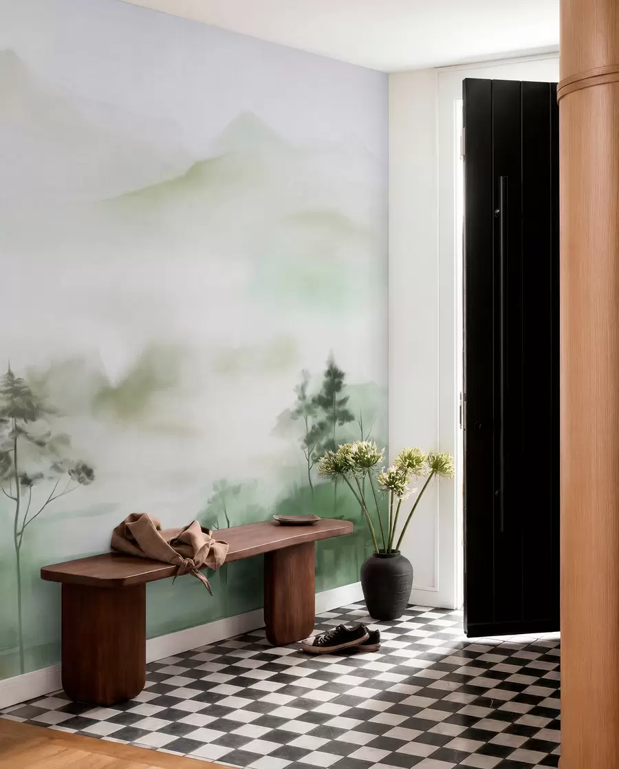 wall murals Foggy landscape with tall trees and mountains muted green and gray tones, minimalist style, textured w09469