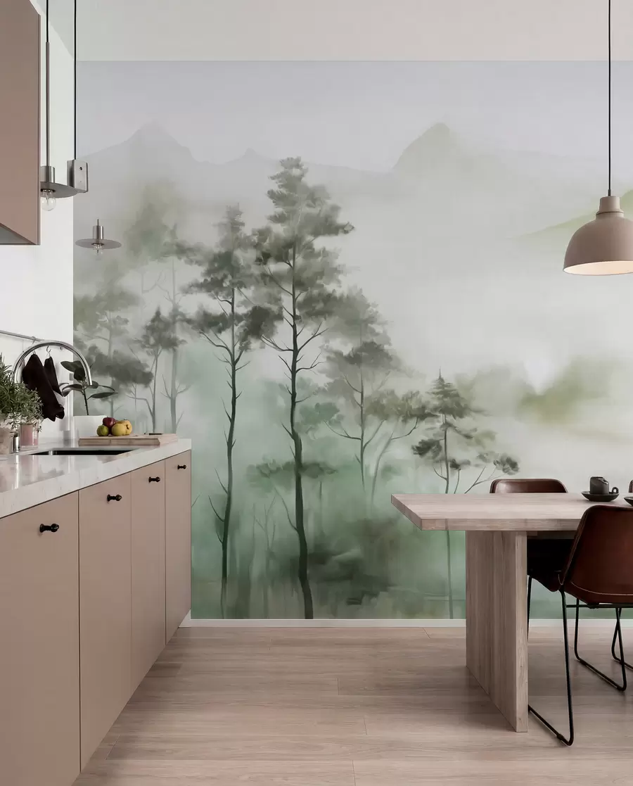 wall murals Foggy landscape with tall trees and mountains muted green and gray tones, minimalist style, textured w09469