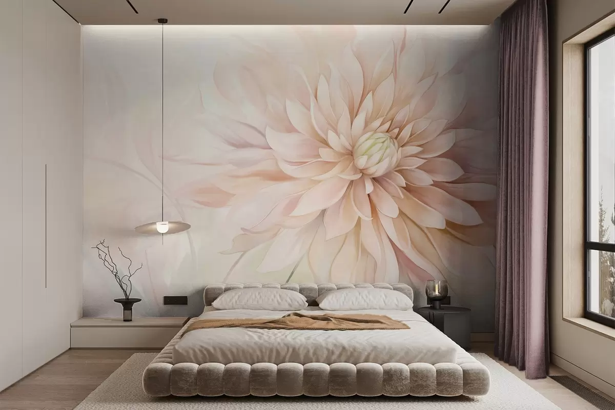 wall murals A light pink dahlia flower with many petals, soft textured pastel background with hints of green and beige w09470