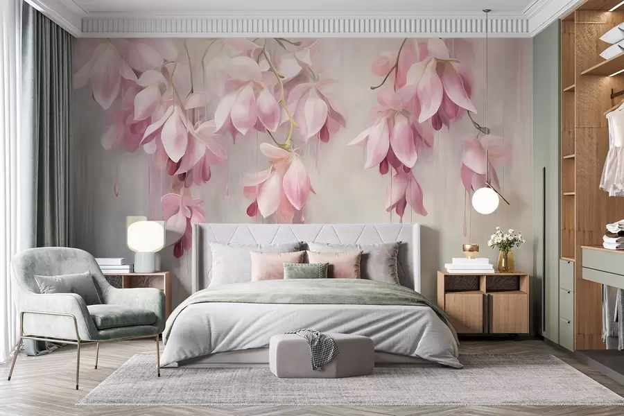 wall murals Hanging pink flowers, light gray background, floral textured arrangement, botanical art, pastel colors w09471