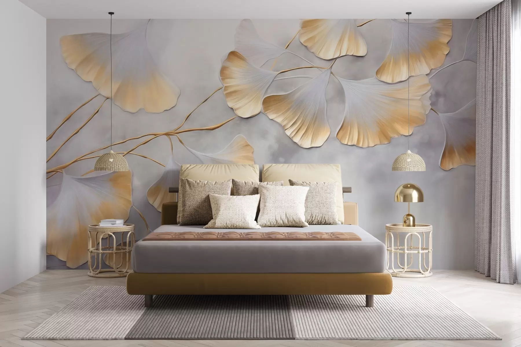 wall murals Ginkgo biloba leaves with yellow edges on a branch, gray textured background, elegant and minimalist design w09472