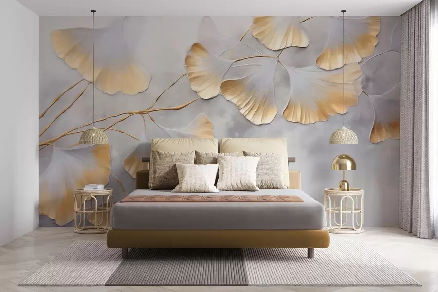 wall murals Ginkgo biloba leaves with yellow edges on a branch, gray textured background, elegant and minimalist design w09472