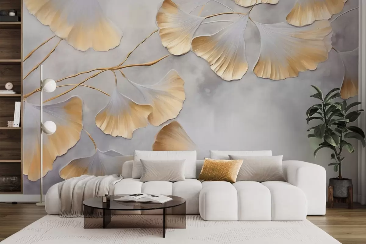 wall murals Ginkgo biloba leaves with yellow edges on a branch, gray textured background, elegant and minimalist design w09472