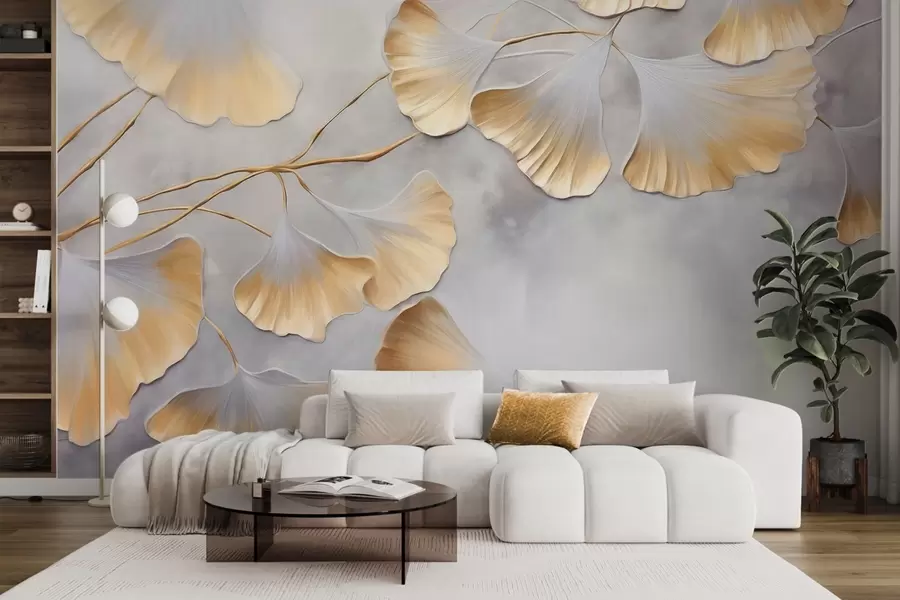 wall murals Ginkgo biloba leaves with yellow edges on a branch, gray textured background, elegant and minimalist design w09472