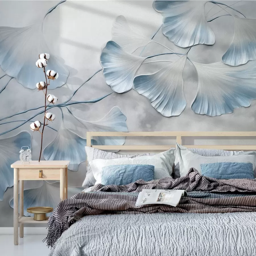 wall murals Ginkgo biloba leaves with blue edges on a branch, gray textured background, elegant and minimalist design w09472v1
