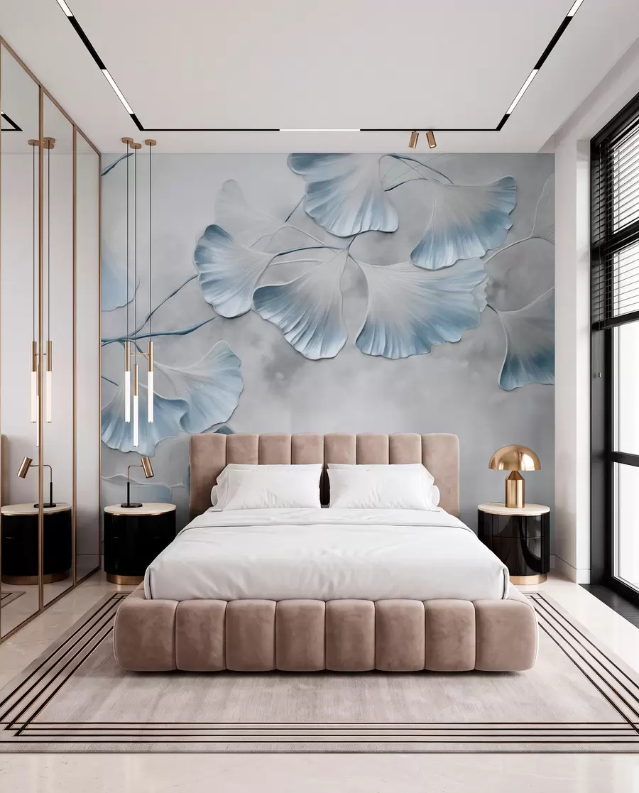 wall murals Ginkgo biloba leaves with blue edges on a branch, gray textured background, elegant and minimalist design w09472v1