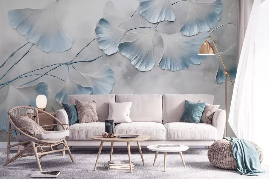 wall murals Ginkgo biloba leaves with blue edges on a branch, gray textured background, elegant and minimalist design w09472v1