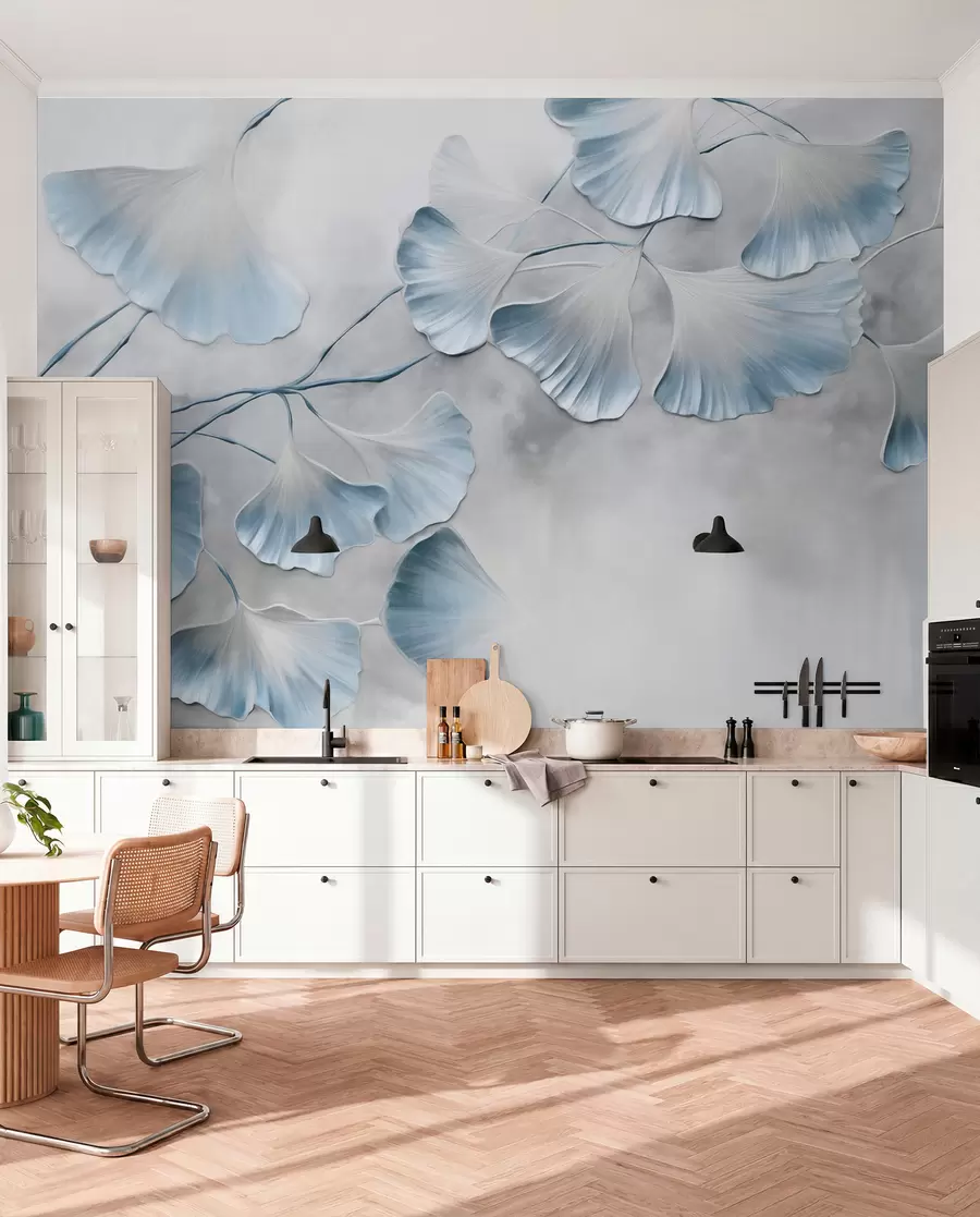 wall murals Ginkgo biloba leaves with blue edges on a branch, gray textured background, elegant and minimalist design w09472v1