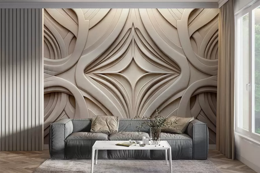 wall murals Abstract symmetrical textured geometric print, light beige color, art deco style , intricate details w09473