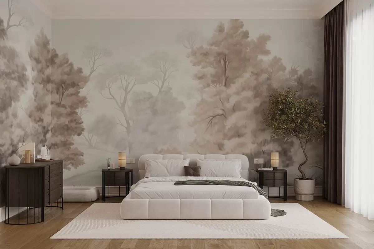 wall murals Textured landscape painting imitation of a forest with tall trees and grass, muted and soft colors, calming scene w09474