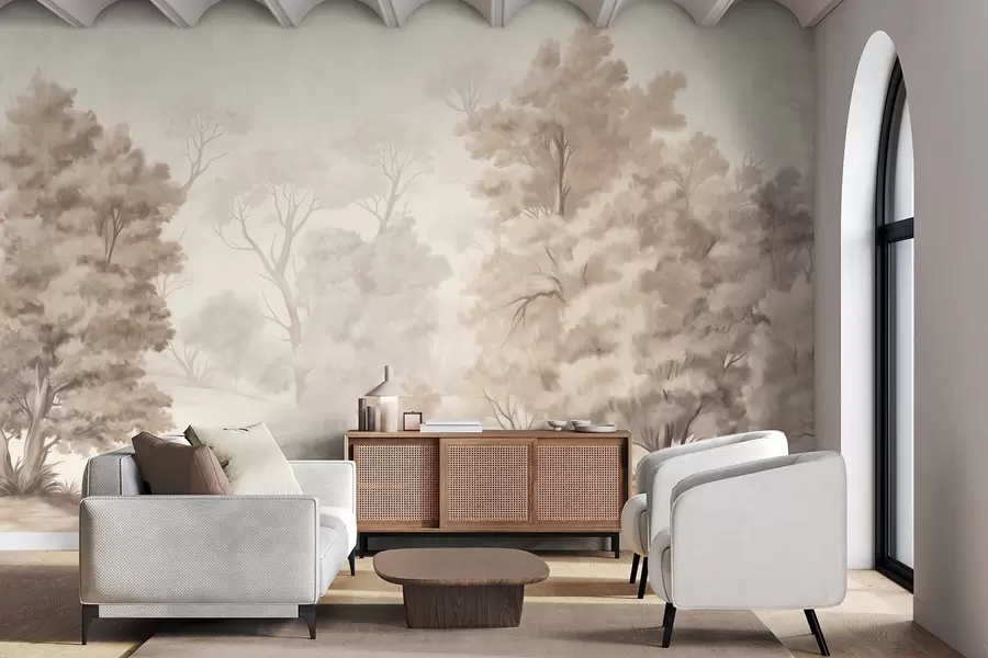 wall murals Textured landscape painting imitation of a forest with tall trees and grass, muted and soft colors, calming scene w09474