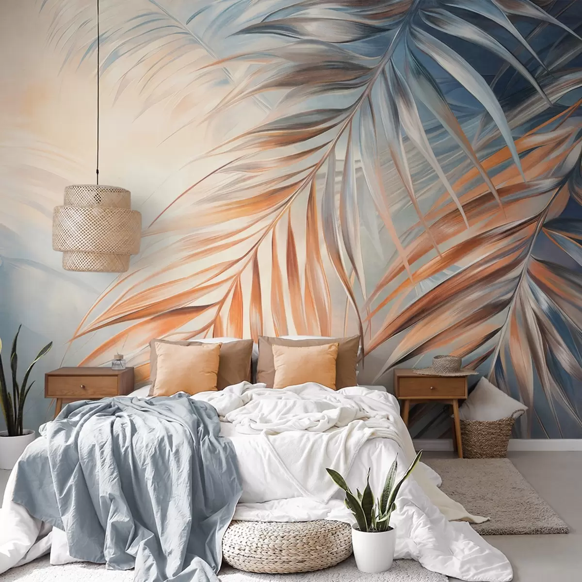 wall murals Palm leaves with orange and blue tones, light textured background with soft colors, elegant tropical style w09475