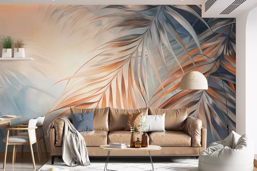 wall murals Palm leaves with orange and blue tones, light textured background with soft colors, elegant tropical style w09475