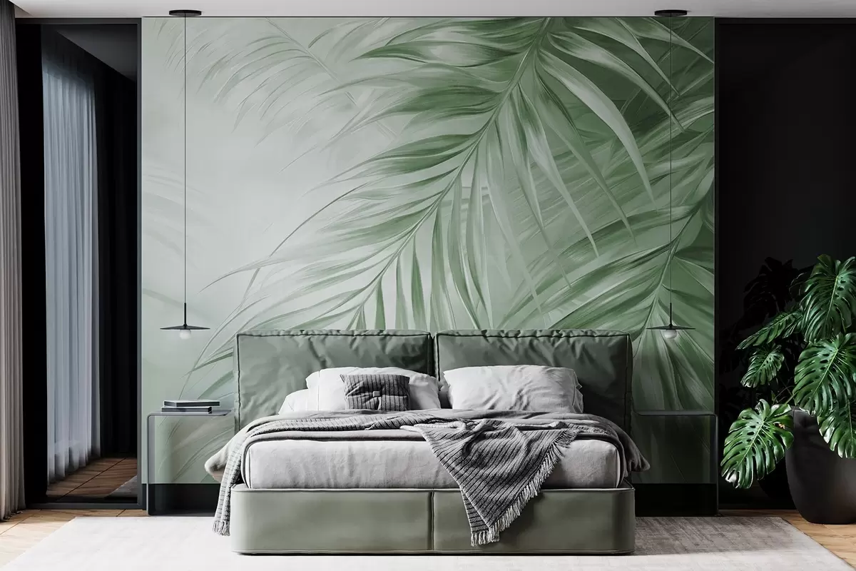 wall murals Palm leaves with green tones, light textured background with soft colors, elegant tropical style w09475v2