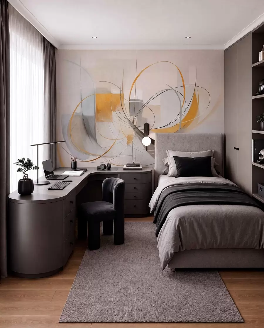 wall murals Abstract textured modern painting style with curved lines and geometric shapes in shades of gray, white and orange w09476