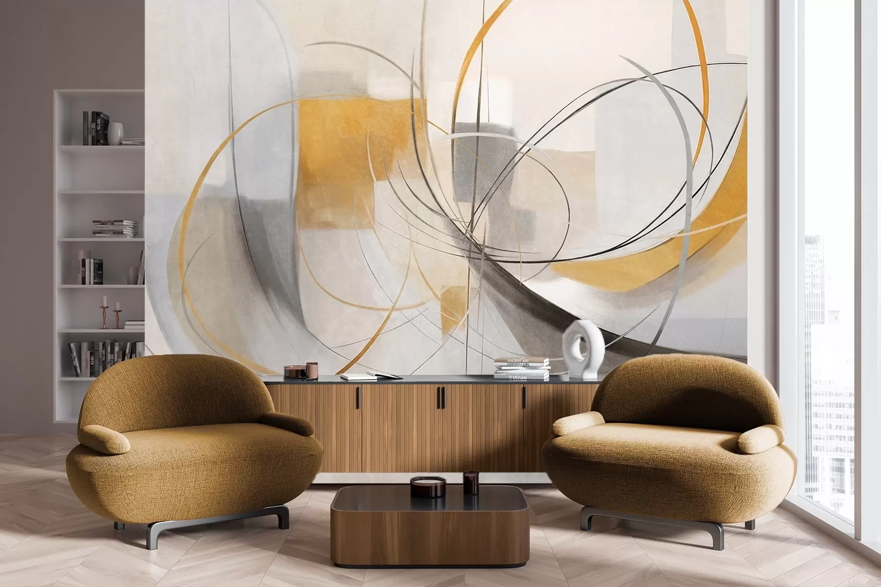 wall murals Abstract textured modern painting style with curved lines and geometric shapes in shades of gray, white and orange w09476