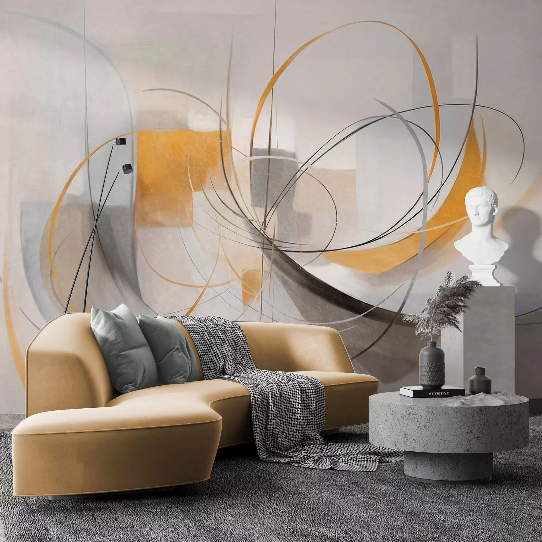 wall murals Abstract textured modern painting style with curved lines and geometric shapes in shades of gray, white and orange w09476