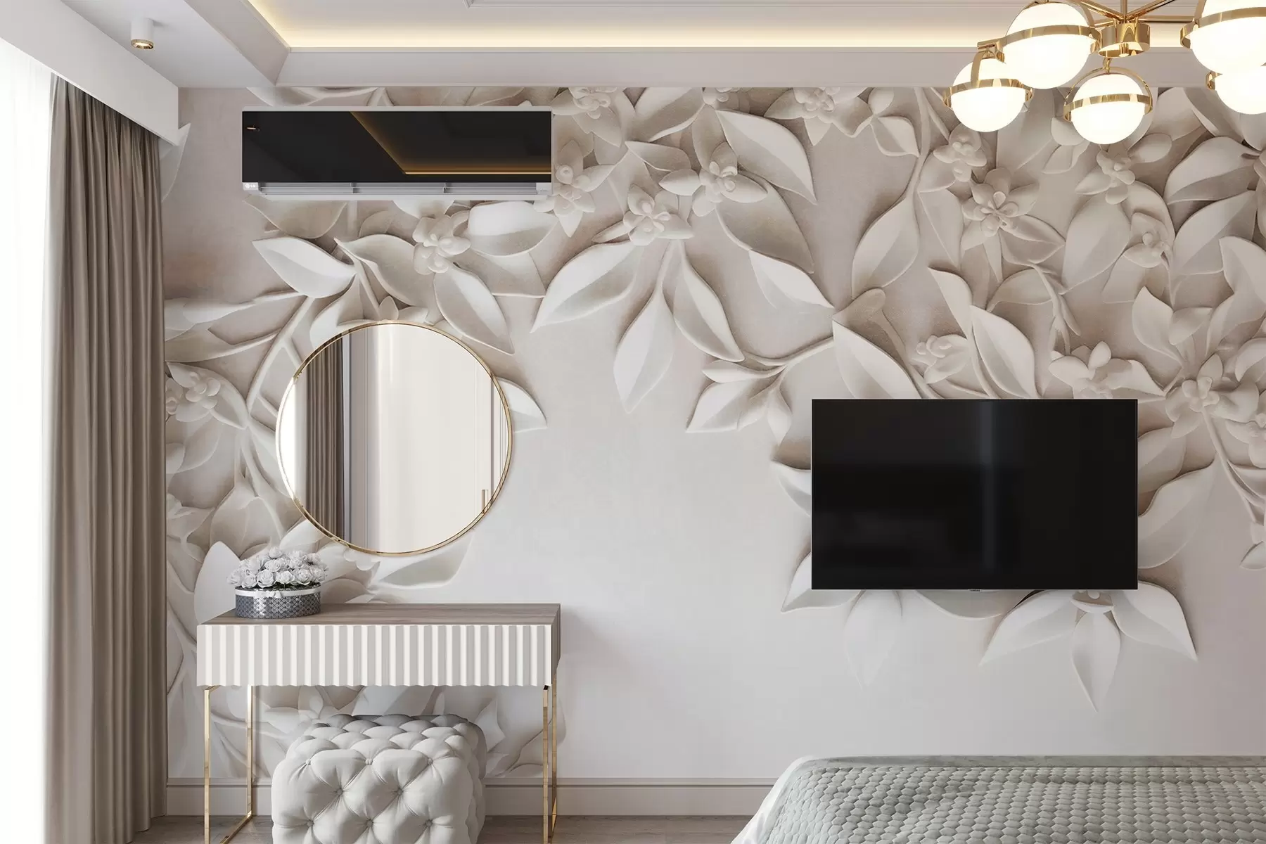 wall murals White textured flowers and leaves, floral arrangement , elegant design, minimalist style, decorative art w09479