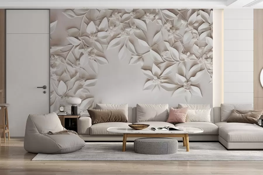 wall murals White textured flowers and leaves, floral arrangement , elegant design, minimalist style, decorative art w09479