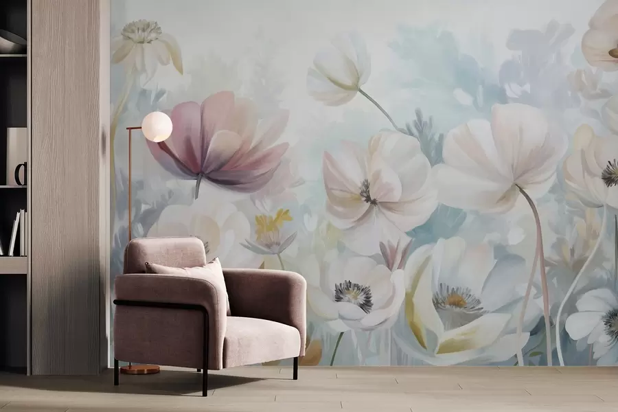 wall murals A field of pastel-colored flowers with delicate petals, soft green leaves, in a dreamy, textured watercolor style w09481