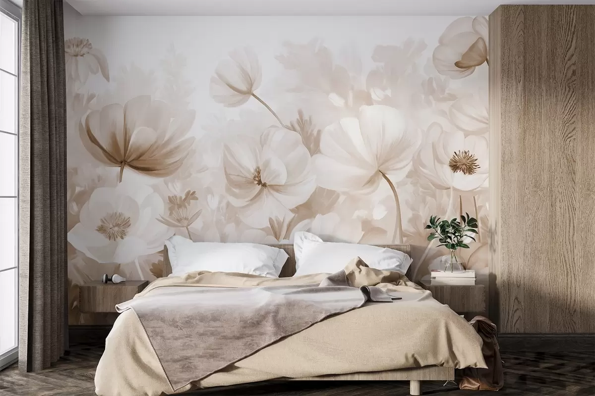 wall murals A field of beige flowers with delicate petals, soft brown leaves, in a dreamy, textured watercolor style w09481v1