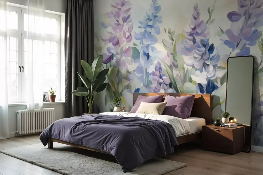 wall murals Purple and blue textured flowers with blue leaves, light background, soft brush strokes, vibrant colors w09482