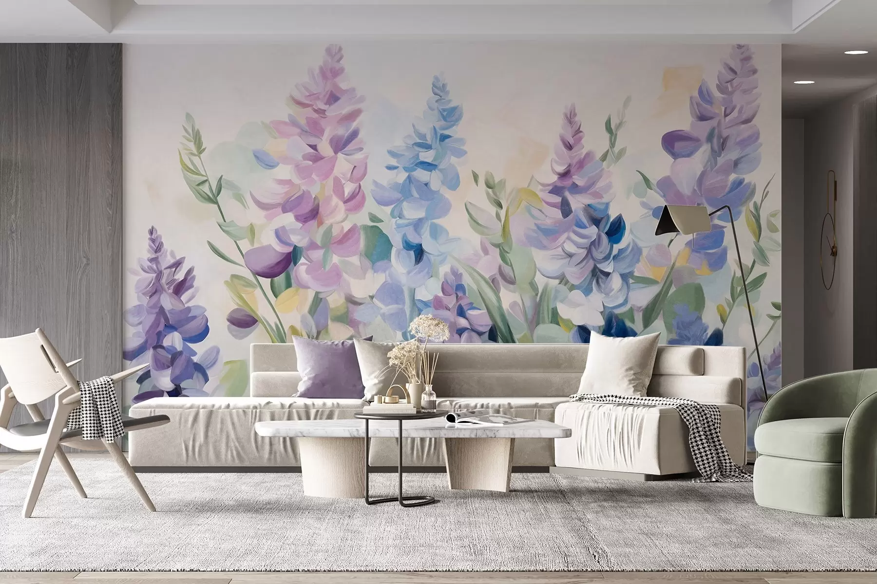 wall murals Purple and blue textured flowers with blue leaves, light background, soft brush strokes, vibrant colors w09482
