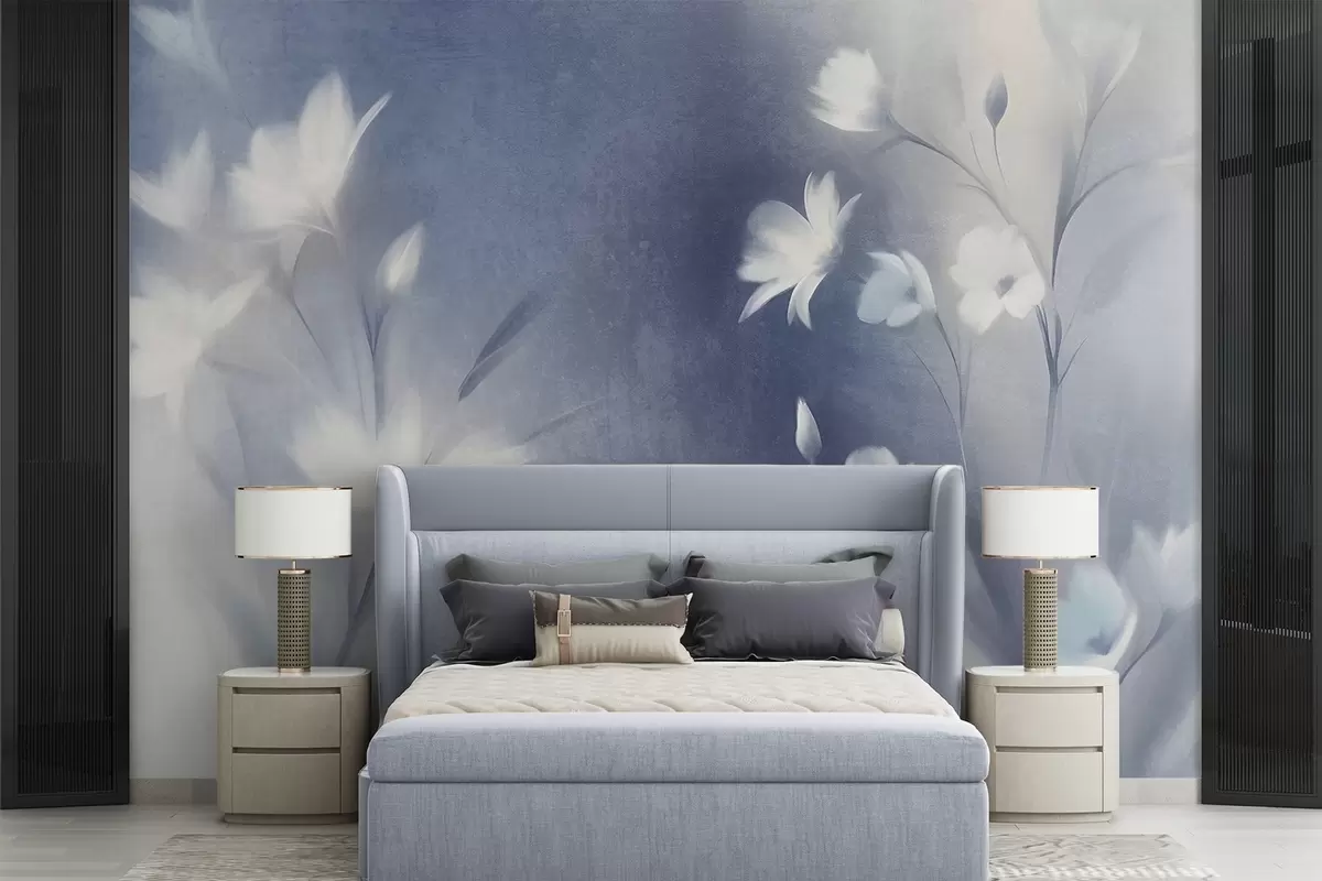 wall murals White textured flowers with long stems , soft buds against a blurred background of blue and white hues w09484