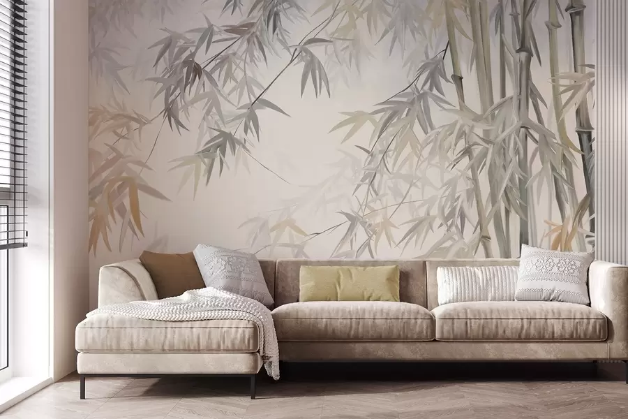 wall murals Textured bamboo stems and leaves in a soft, muted color palette of gray, white and cream, minimalist composition w09485